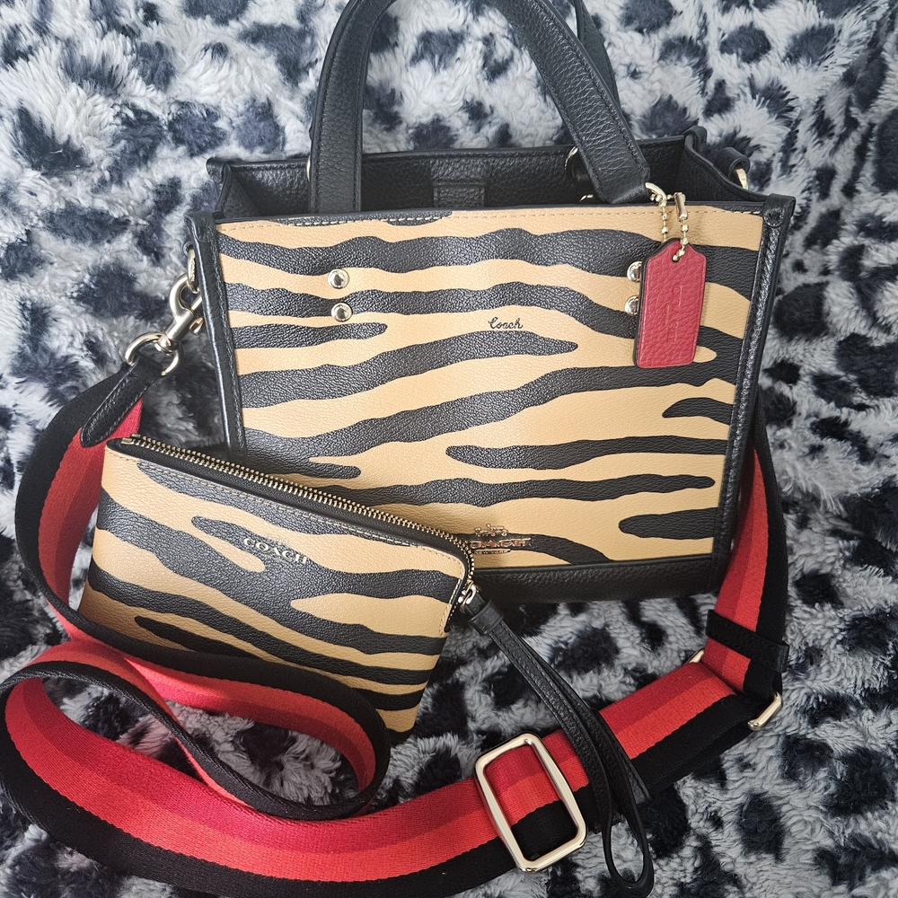 Coach Dempsey Tote 22 With Zebra Print And Corner Zip Wristlet Set